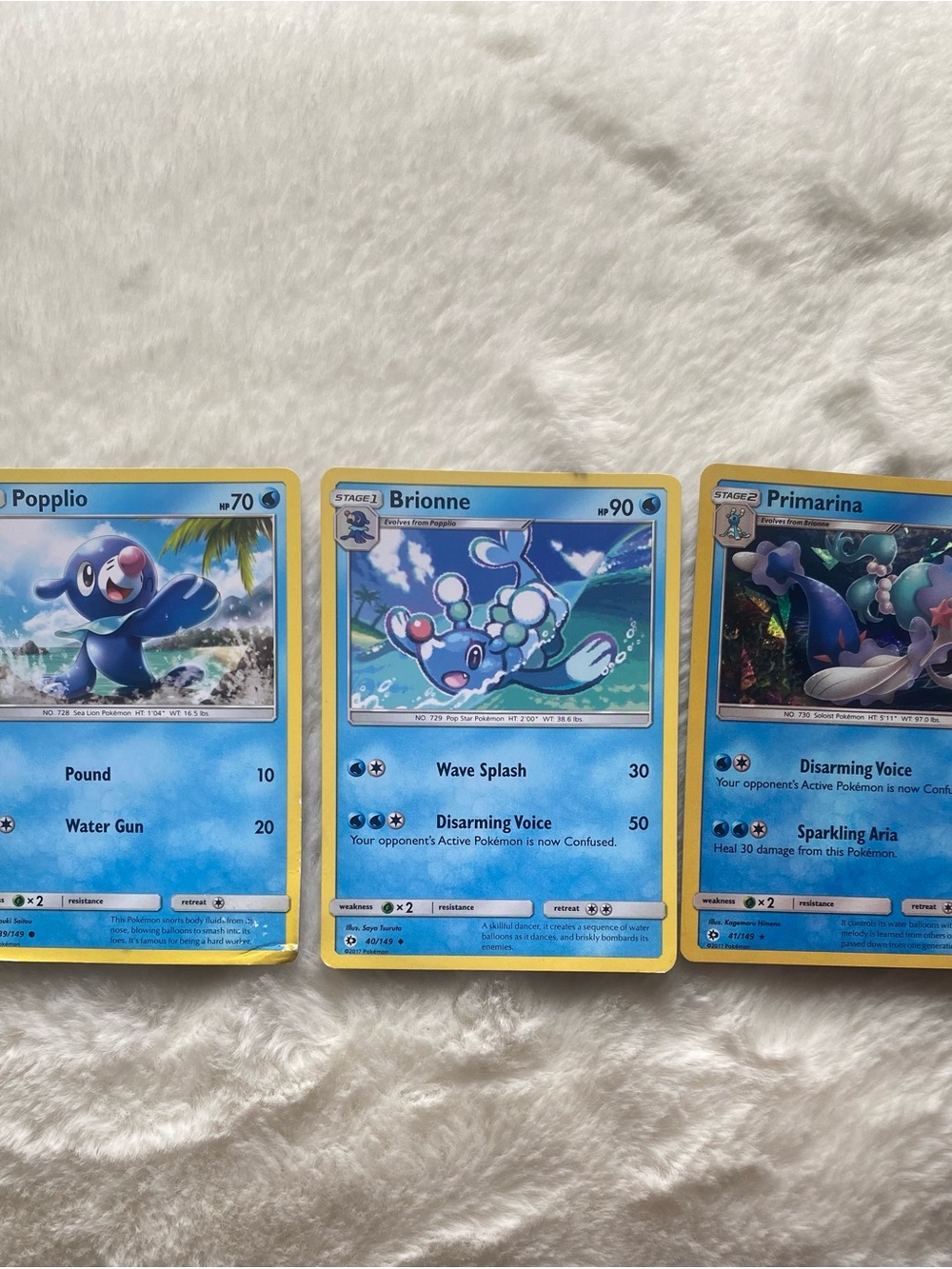 Pokemon Blue and Yellow Popplio Brionne Primarina Card Trio